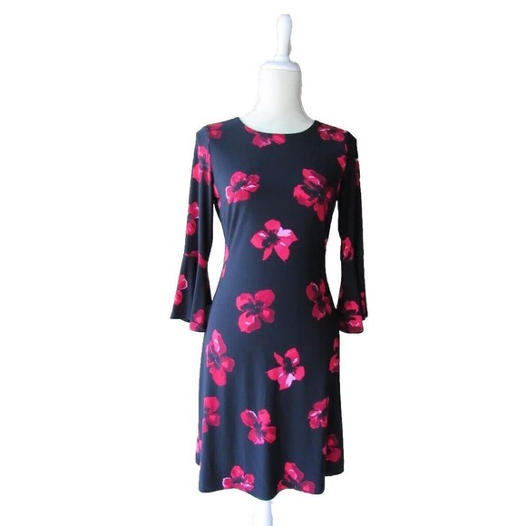 Tommy Hilfiger Womens Black Red Floral Dress 3/4 Bell Sleeves Size 2 Spring 2018 - Picture 1 of 16